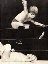 Irwin (top) hits a leg drop on Tommy Rich (bottom), circa 1983 Bill Irwin legdrop Tommy Rich 1983.png