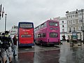 The rears of Velvet's 309 (F309 MYJ), a Volvo B10M/Northern Counties Palatine and Wilts & Dorset's 706 (F706 RDL), a Leyland-bodied Leyland Olympian on loan to Southern Vectis and seen in Ryde, Isle of Wight bus station awaiting use as a shuttle bus between Ryde and the Isle of Wight Festival site.   This file was uploaded with Commonist.