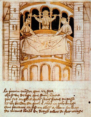 Reliekentoning vanaf de dwerggalerij van de Sint-Servaaskerk tijdens de Maastrichtse Heiligdomsvaart, ca. 1460)