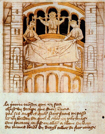 Relics being shown from the dwarf gallery of St Servatius' in Maastricht during the Septennial Pilgrimage (Blokboek van St Servaas, +-1460) BlokboekStServaas.jpg