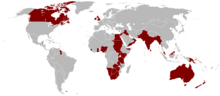 World map, with the British Empire in 1921 in red