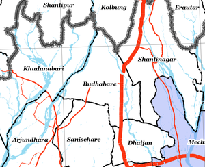 Zoomed-in map of Jhapa district with Budhabare at the center and adjacent geographic entities around it