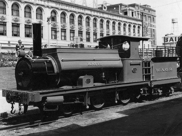 C 1 on display at Perth railway station, 1956. Note the similarity to the NZR F class including the cab coal bunkers which were retained during the co