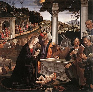 L'Adoration des bergers et la proche Adoration des mages avec son cortège en marche (Domenico Ghirlandaio).