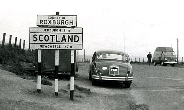 Roxburghshire sign at the border with England at Carter Bar, 1960