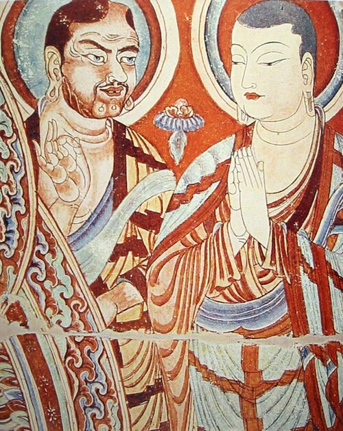 Central Asian Buddhist monk teaching a Chinese monk. Bezeklik, 9th-10th century; although Albert von Le Coq (1913) assumed the blue-eyed, red-haired m