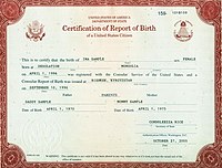 A State Department certification of report of birth, issued between 1990 and 2010.