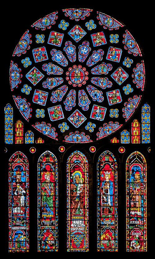 The north rose window of the Chartres Cathedral (Chartres, France), donated by Blanche of Castile. It represents the Virgin Mary as Queen of Heaven, s
