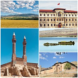 Desde arriba: distrito de Suşehri, edificio de la gobernación de Sivas, madraza de doble minarete, lago Tödürge, gran mezquita y hospital de Divriği