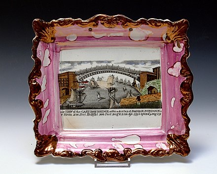 Commemorative plate, with pink 'splash lustre', depicting Wearmouth Bridge of 1796