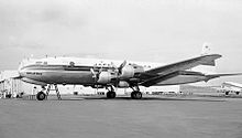 A Japan Airlines Douglas DC-6A (named City of Nara) at San Francisco International Airport in March 1954 DC-6AJapan Air LinesJA6203sf54 (4484589647).jpg