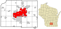 Dane County Wisconsin incorporated and unincorporated areas Madison highlighted.svg