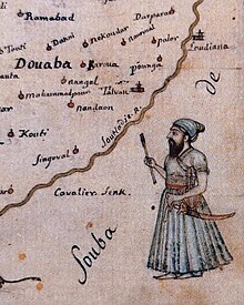 Detail of a depiction of a Misl-era Sikh cavalry warrior from a map of the Lahore Subah commissioned by Jean Baptiste Joseph Gentil, ca.1770 Detail of a depiction of a Misl-era Sikh cavalry warrior from a map of the Lahore Subah commissioned by Jean Baptiste Joseph Gentil, ca.1770.jpg