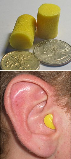 Disposable foam earplugs: out of the ear with coins for scale (top) and inserted into the wearer's ear (bottom).