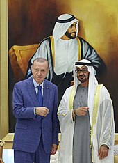Meeting of President Recep Tayyip Erdogan and Sheikh Mohammed bin Zayed Al Nahyan at Qasr Al Watan in Abu Dhabi. Both countries have strong economic ties with Russia. Erdogan and MBZ.jpg