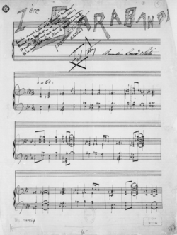 Première page de la Deuxième Sarabande présentant trois systèmes de deux portées chacun.