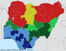 description=Female literacy rate in Nigeria by state in 2013

.mw-parser-output .legend{page-break-inside:avoid;break-inside:avoid-column}.mw-parser-output .legend-color{display:inline-block;min-width:1.25em;height:1.25em;line-height:1.25;margin:1px 0;text-align:center;border:1px solid black;background-color:transparent;color:black}.mw-parser-output .legend-text{}
> 90%
80-90%
70-80%
60-70%
50-60%
35-50%
< 35% Female literacy rate in Nigeria by state in 2013.svg