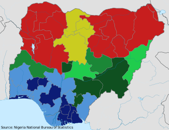 The Female literacy rate in Nigeria by state in 2013.

.mw-parser-output .legend{page-break-inside:avoid;break-inside:avoid-column}.mw-parser-output .legend-color{display:inline-block;min-width:1.25em;height:1.25em;line-height:1.25;margin:1px 0;text-align:center;border:1px solid black;background-color:transparent;color:black}.mw-parser-output .legend-text{}
> 90%
80-90%
70-80%
60-70%
50-60%
35-50%
< 35% Female literacy rate in Nigeria by state in 2013.svg