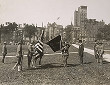 Cadet veterans present colors to 101st Engineers on Boston Common, 14 September 1917. Flags - Regimental and Other Flags - Cadet veterans present colors to 101st U.S. Engineers on Boston Common - NARA - 31480684 (cropped).jpg