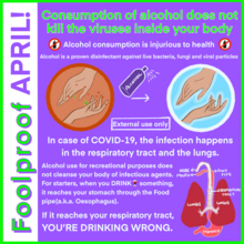 A poster explains that alcohol hand-sanitizers kill coronaviruses, but alcoholic drinks do not protect against COVID-19 Foolproofaprilseries04.png