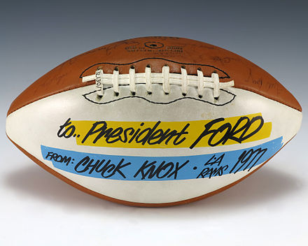 A football signed by the 1977 Los Angeles Rams, including Coach Knox, Tom Mack, Joe Namath, Pat Haden, and Vince Ferragamo, gifted to President Ford.