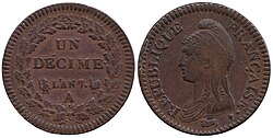 French 1 decime coin, equal to 1/10 of a franc. First Republic. France, decim 1798-1799, the First Republic.jpg