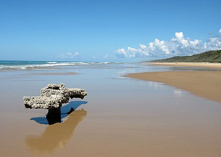 The prow of the wreck of the Maheno juts above the sand.