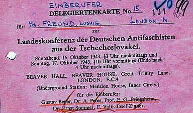 Carte au nom de Ludwig Freund pour une conférence d'anti-fascistes allemands sur la Tchécoslovaquie, octobre 1943, Londres