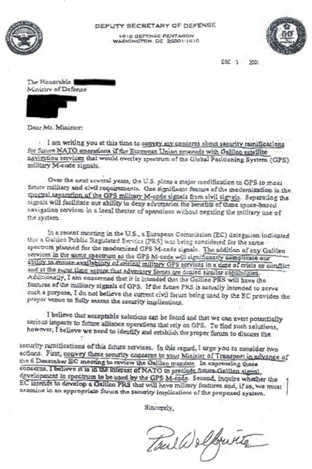 Lettre du secrétaire adjoint à la Défense des États-Unis, Paul Wolfowitz, aux ministres des États membres de l'Union européenne en décembre 2001, illustrant la campagne de lobbying des États-Unis contre Galileo.