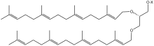 Geranylgeranylglycerol-1-X (X = phosphate, etc.), an intermediate in the biosynthesis of archaeol. Geranylgeranylglycerol-1X.svg