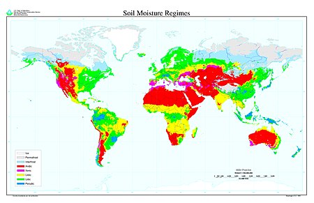 خريطة التقسيمان العالمية لأنظمة رطوبة التربة حسب نظام تصنيف التربة الأمريكي. Aridic (بالأحمر) يعني مناخ صحراوي وقاحل، ويصف أنواع التربة التي يلزمها السقي لتكون صالحة للزراعة. Ustic (بالأصفر) يعني مناخ شبه قاحل، الأراضي فيه تصلح للزراعة البورية، لكن الرطوبة تكون محدودة خلال فترة من موسم النمو.[3].