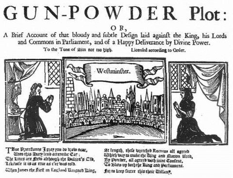 Three illustrations in a horizontal alignment. The leftmost shows a woman praying, in a room. The rightmost shows a similar scene. The centre image shows a horizon filled with buildings, from across a river. The caption reads "Westminster". At the top of the image, "The Gunpowder Plot" begins a short description of the document