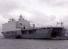 Johan de Witt, disembarked Landing Craft Utility and two empty LCVP davits HNLMS Johan de Witt (L801) (1).jpg