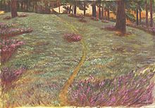 Aquarelle d'un chemin montant une colline boisée, avec le sol couvert de bruyère aux couleurs pourpres.
