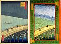 gauche : Hiroshige', "Great Bridge, Sudden Shower at Atake" droite: Van Gogh, "The Bridge in the Rain"