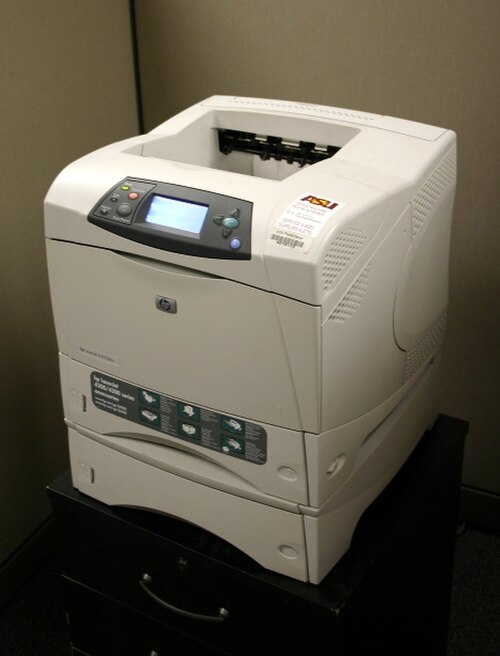 HP LaserJet 4200 series printer, installed atop additional 500-sheet paper tray