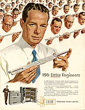 December 1951 advertisement for the IBM 604 Electronic Calculating Punch explicitly comparing electronic computers to engineers calculating with slide rules IBM 150 Extra Engineers 1951.jpg