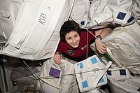 ISS-43 Samantha Cristoforetti glides through supply containers.jpg