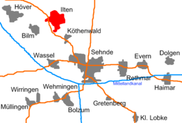 Ligging Ilten en ten ZO daarvan Köthenwald in de gemeente Sehnde