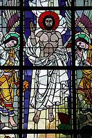 Figurative design using the lead lines and minimal glass paint in the 13th-century manner combined with the texture of Cathedral glass, Ins, Switzerland