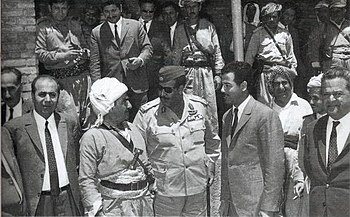 March 11, 1970: Iraq's Saddam Hussein and Kurdish leader Mustafa Barzani end First Iraqi-Kurdish War Iraqi-Kurdish Autonomy Agreement 1970.jpg