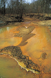 Iron hydroxide precipitate stains a stream receiving acid drainage from surface coal mining. Iron hydroxide precipitate in stream.jpg
