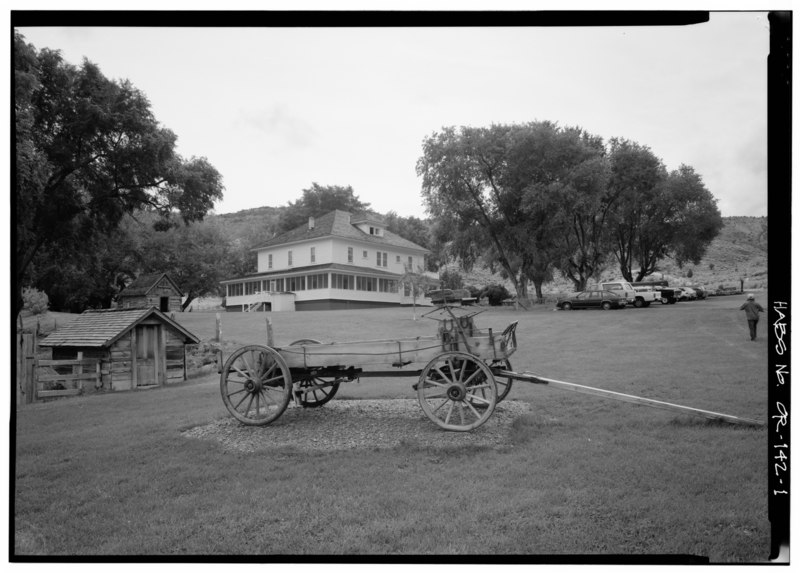 File:James Cant Ranch, view from NE showing House, Log Cabin and Feed Storage Shed - Cant Ranch, East side of State Route 19, North of U.S. 26, Dayville, Grant County, OR HABS ORE,12-DAY.V,1-1.tif