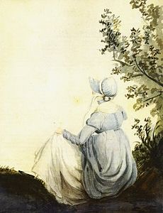 aquarelle. Femme de dos assise au pied d'un arbre