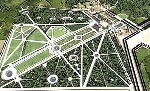 Vue aérienne du domaine de Chaville, du côté des jardins, vers 1700. Restitution 3D Franck Devedjian et Hervé Grégoire, 2014.