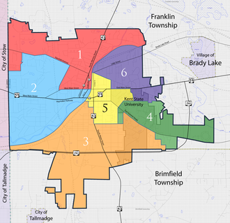 Map showing the six wards of Kent Kent city wards streets.png