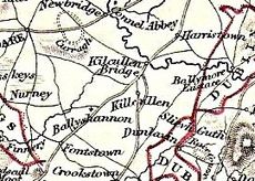 (Old) Kilcullen and Kilcullen Bridge, with the Curragh, in context in Co. Kildare, 1838, with exclaves of Co. Dublin to the east and of Co. Offaly to the west Kilc and Kilc Br, 1838, Soc Diff Useful Knowledge.jpg