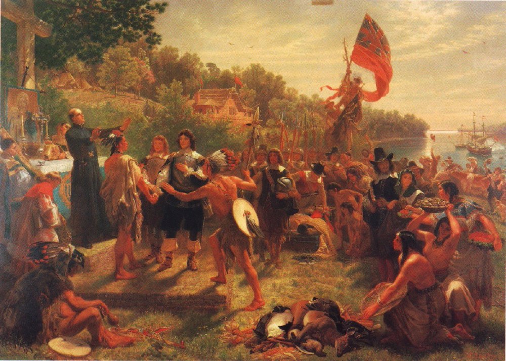 The Founding of Maryland (1634) depicts colonists meeting the people of the Yaocomico branch of the Piscatawy Indian Nation in St. Mary's City, Maryland, the site of Maryland's first colonial settlement. The painting represents traditionally-held elements of Maryland's centuries-old founding narrative, though some details—such as the clothing worn by natives—are not necessarily accurate.[22] The presentation is a mythic depiction and is an assembly of traditional tales about Maryland's founding. Father Andrew White, a Jesuit missionary, is believed to be on the left; other elements may be as follows: in front of him Leonard Calvert, the colonists' leader and the son of the first Lord Baltimore, is clasping hands with the paramount chief of the Yaocomico. Gifts of food offered to the new colonists are in the right foreground.[23] In the right background are moored the sailing ships the Ark and the Dove, the vessels that brought the first colonists to Maryland.