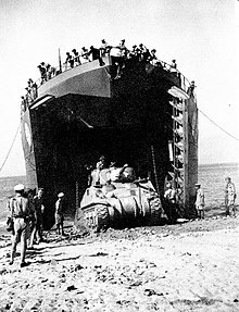 A Canadian LST off-loads an M4 Sherman during the Allied invasion of Sicily in 1943. LST Sicily.jpg