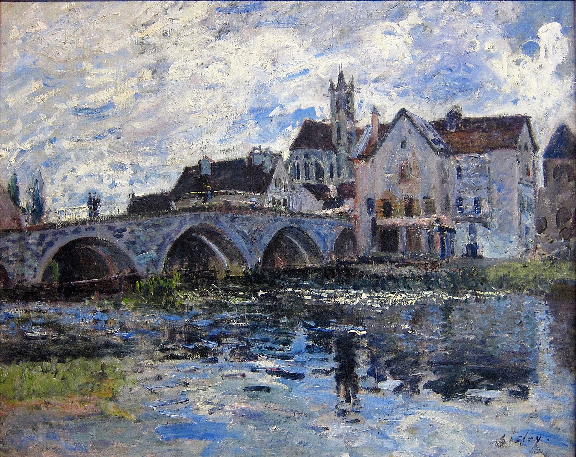 An Impressionist landscape of arched bridges over reflective water, drawing the composition across the dark and shining water towards the white buildings and churches outlined against a bright blue and white sky